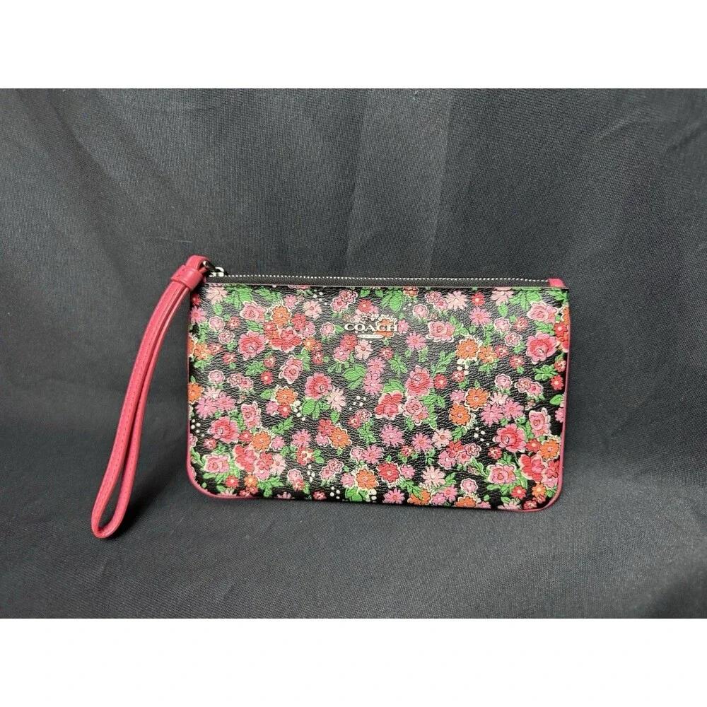 Coach Posey Cluster Floral Wristlet Wallet Travel Pink Mini Bag Flowers - Picture 2 of 9